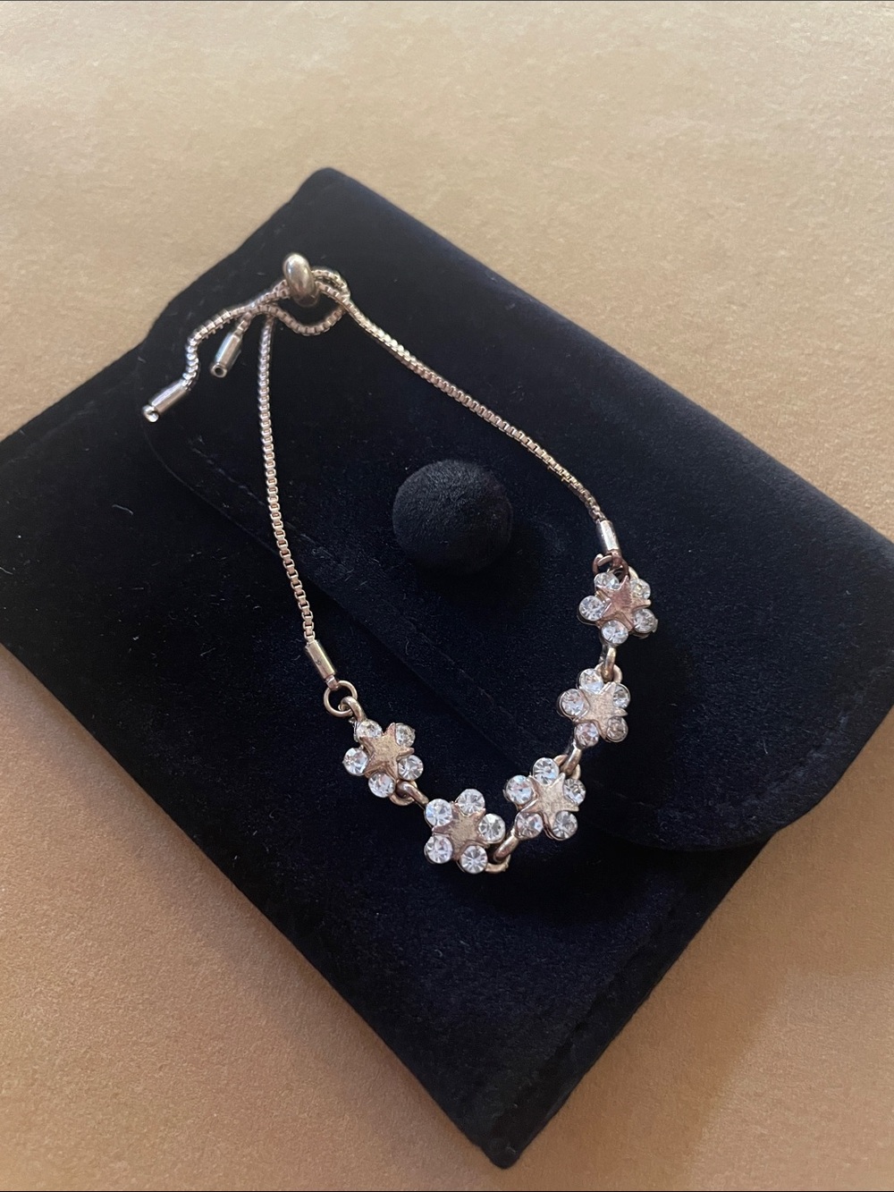 18K Gold Plated Bracelet with Cubic Zirconia Petal Flowers Adjustable Slider NEW